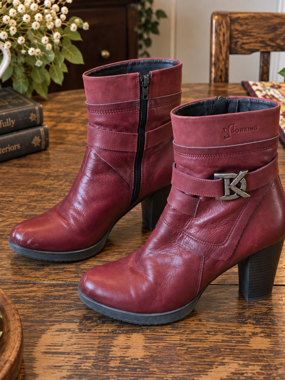 Dorking by Fluchos Burgundy Leather Ankle Boots 39 Buckle Block Heel Spain